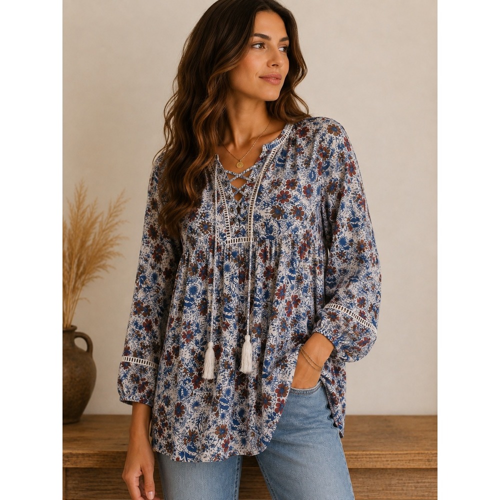 Boho Floral Lace-Up Peasant Blouse Tassel 3/4 Sleeve Cottagecore XXL